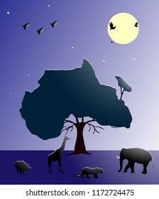 African animals in savannah on a full moon night. Vector illustration.