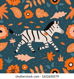 African animals seamless pattern. Hand drawn doodle zebra, flowers and leaves. Exotic tropical plants. Childish illustration.