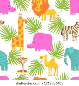 African Animals Seamless Pattern, Repeating Print with Cute Animals Background, Textile, Packaging, Wallpaper, Wrapping Paper Design Vector Illustration