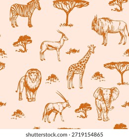 Animales africanos, patrón sin fisuras, safari, conjunto de Ilustración vectorial, bocetos dibujados a mano, león, elefante, jirafa, antílope