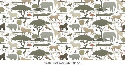 African animals seamless pattern. Vector illustration of wildlife. Nature color palette silhouettes on white background. Wallpaper for home decoration, fabric, postcard.