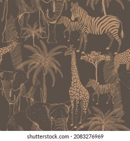 African animals seamless vector pattern. Surface design for fabric, wallpaper, wrapping paper, invitation cards, scrapbooking. Monochrome brown, dark beige color.