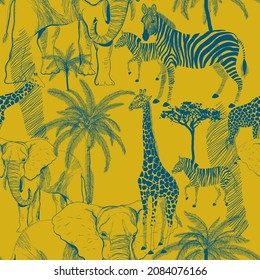 African animals seamless vector pattern. Surface design for fabric, wallpaper, wrapping paper, invitation cards, scrapbooking. Yellow, monochrome blue color.