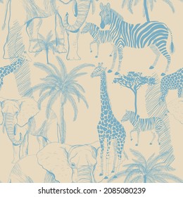 African animals seamless vector pattern. Surface design for fabric, wallpaper, wrapping paper, invitation cards, scrapbooking. Monochrome light blue, cream, ivory color.