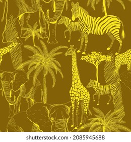 African animals seamless vector pattern. Surface design for fabric, wallpaper, wrapping paper, invitation cards, scrapbooking. Monochrome yellow, gold, brown color.