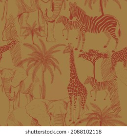 African animals seamless vector pattern. Surface design for fabric, wallpaper, wrapping paper, invitation cards, scrapbooking. Monochrome brown, beige, neutral warm color.