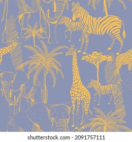 African animals seamless vector pattern. Surface design for fabric, wallpaper, wrapping paper, invitation cards, scrapbooking. Neutral lilac, misty blue, cream, yellow color. EPS file.