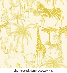 African animals seamless vector pattern. Surface design for fabric, wallpaper, wrapping paper, invitation cards, scrapbooking. Monochrome light yellow, cream, golden, ivory color.