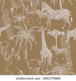 African animals seamless vector pattern. Surface design for fabric, wallpaper, wrapping paper, invitation cards, scrapbooking. Monochrome brown, beige color.