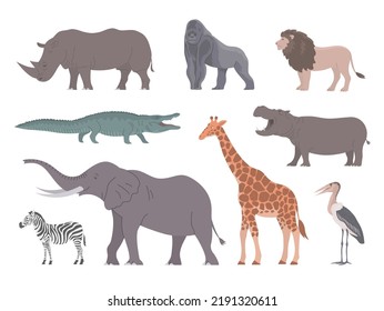 African animals set. Big elephant, giraffe, rhinoceros, lion and zebra. Herbivorous and carnivorous. Wildlife mammal. Fauna zoology. Flat vector collection illustration isolated on white background