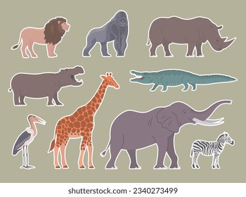 African animals set. Big elephant, giraffe, rhinoceros, lion and zebra. Herbivorous and carnivorous. Wildlife mammal. Fauna zoology. Flat vector collection illustration