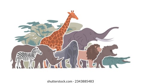 African animals set. Big elephant, giraffe, rhinoceros, lion and zebra. Herbivorous and carnivorous. Wildlife mammal. Fauna zoology. Flat vector collection illustration