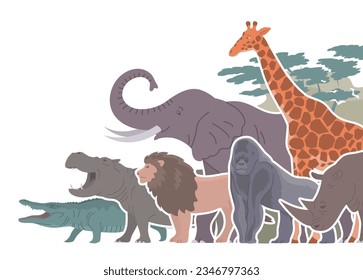 African animals set. Big elephant, giraffe, rhinoceros, lion and zebra. Herbivorous and carnivorous. Wildlife mammal. Fauna zoology. Flat vector collection illustration isolated on white background