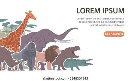 African animals set. Big elephant, giraffe, rhinoceros, lion and zebra. Herbivorous and carnivorous. Wildlife mammal. Fauna zoology. Flat vector collection illustration. Design for banner, website