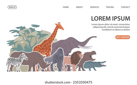 African animals set. Big elephant, giraffe, rhinoceros, lion and zebra. Herbivorous and carnivorous. Wildlife mammal. Fauna zoology. Flat vector collection illustration. Design for banner, website