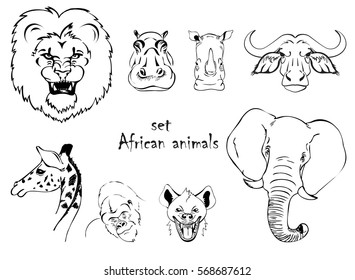 African animals set of black and white vector illustration