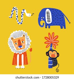 African animals set. Creative wild animals characters clipart. Snake, lion, monkey, elephant vector illustration.