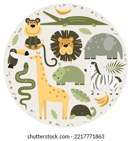 African animals set. Cute kawaii, wild animals, bird and amphibians. Vector illustration in children's style in the form of a circle. Can be used for school, zoo or birthday decoration.