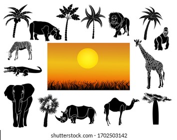 African animals set of cut-out silhouettes. Beautiful African tropical sunset. Vector illustration isolated on white background. 
