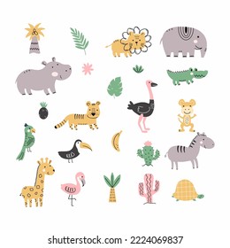 African animals. Set of doodle elements. Stickers for nursery. Inhabitants savannah.