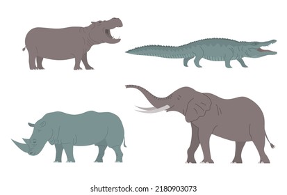 African animals set. Elephant, hippopotamus, rhinoceros and crocodile. Savannah wild animal. Cognitive zoology. Flat vector illustration isolated on white background