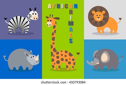 African animals set in flat style, including elephant,lion, zebra, giraffe and rhino. Vector illustration.