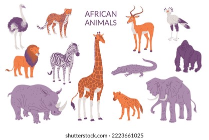 African animals set, flat vector illustration isolated on white background. Collection of exotic mammals of Africa. Elephant, zebra, giraffe, gorilla, lion and crocodile. Savannah animals drawing.