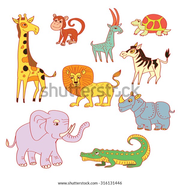 African Animals Set Funny Cartoon Hand Stock Vector (Royalty Free ...