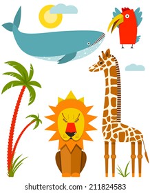 African Animals Set. Giraffe whale lion parrot and palm. Vector illustration EPS8