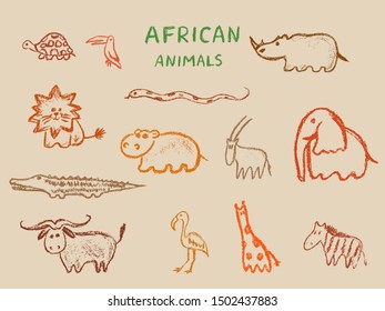 
African animals set. Hand drawn wax crayons art animal icons collection. Children drawling style color elephant, hippo, buffalo,  giraffe,  lion, toucan, zebra,crocodile. Isolated chalk style icons.