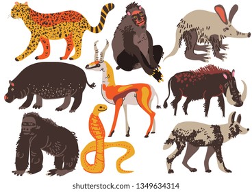 African Animals Set, Hippopotamus, Cheetah, Monkey, Antelope, Gorilla, Ssnake, Warthog, Aaardvark, Hyena Vector Illustration