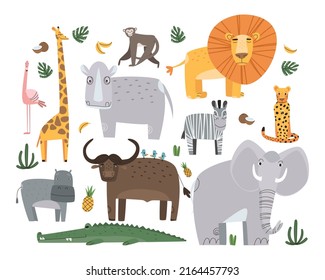 African animals set isolated on white background. Elephant, buffalo giraffe and other wild animals. Flat vector illustration. Eps10