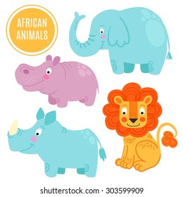 African animals set isolated on white background: elephant, rhino, lion, hippo. African animals background