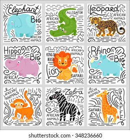 African animals set isolated on white background: elephant,  lion, rhino, giraffe,alligator, hippo, monkey, zebra,buffalo, hippo, leopard.  African animals background.