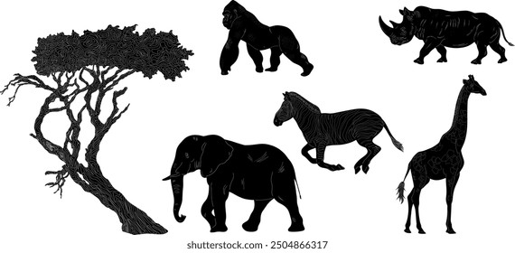 African Animals Set Natural Look Black Vector Silhouette Design Element