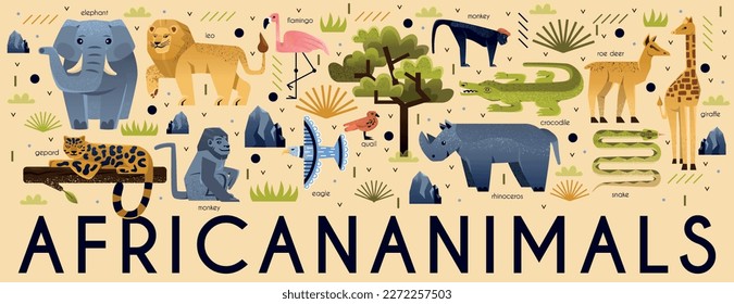 Animales africanos. Predadores, aves, mamíferos y plantas de sabana. León y chita, elefante y rinoceronte, gorila y mono, halcón y jirafa. Colección de ilustraciones de vectores planos de dibujos animados