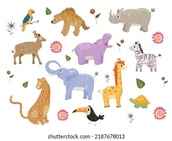 African animals set. Stickers with wild inhabitants of savanna or jungle. Cheetah, elephant and giraffe, zebra and hippopotamus, toucan and parrot. Cartoon flat vector collection isolated on white