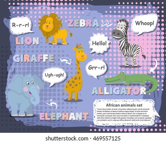 African animals set with talking bubble ,voice and name.Vector animals character .Wild cute animals cartoon collections vector. Zoo animals set mammal flat vector illustration.African animals.Wildlife