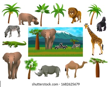 African animals, set. Vector illustration isolated on white background. Silhouette. 