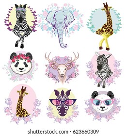 Grupo de animales africanos, vector, ilustración, fondo blanco, aislado, reno, jirafa, panda, cebra