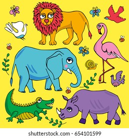 African animals set. Vector illustration.  Image can be used for web site background, on banners, invitations, print, poster and on your other designs.
