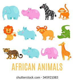 African animals set vector isolated on white background: elephant,  lion, rhino, giraffe,alligator, hippo, monkey, zebra,buffalo, hippo, leopard.  African animals background.