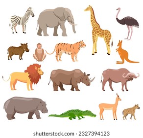 African animals set. Wild jungle fauna. Elephant, giraffe, buffalo, hippo, rhino, lion, antelope, ostrich, hyena, gorilla, monkey, crocodile, warthog, zebra. Flat vector isolated on white background