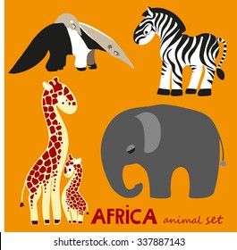 African animals set, zebra, anteater, elephant, Giraffe, vector design
