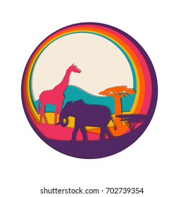 African animals silhouettes colorful papercut with trees, giraffe and elephant modern design