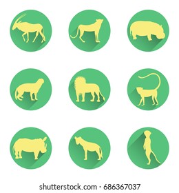 African Animals Silhouettes on the Round Substrates with Flat Shadows. Vector EPS 10