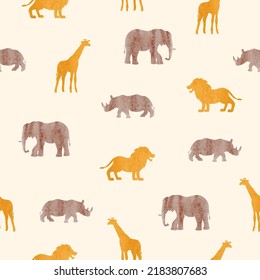 African animals silhouettes seamless pattern. Vector watercolor safari illustration