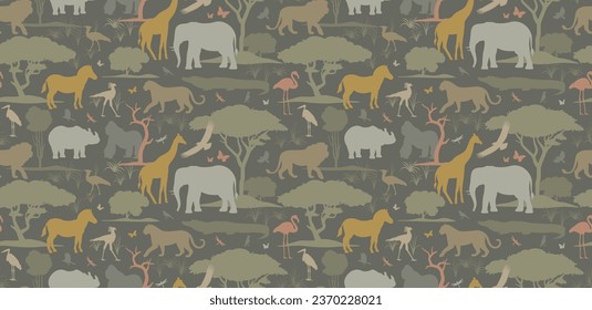 African animals silhouettes seamless pattern design. Earthy color palette vector illustration. Wild nature wallpaper for home decoration, fabric, postcard.