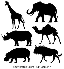 African animals silhouettes set. Giraffe, elephant, antelope, hippopotamus, rhinoceros, camel. Vector illustration.