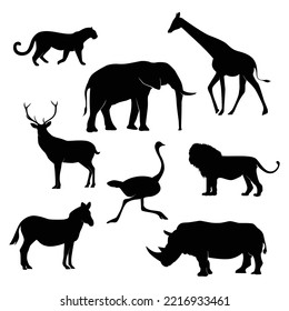 African animals silhouettes set. Giraffe, elephant, leopard, deer, rhinoceros, ostrich, zebra, lion. Vector illustration.